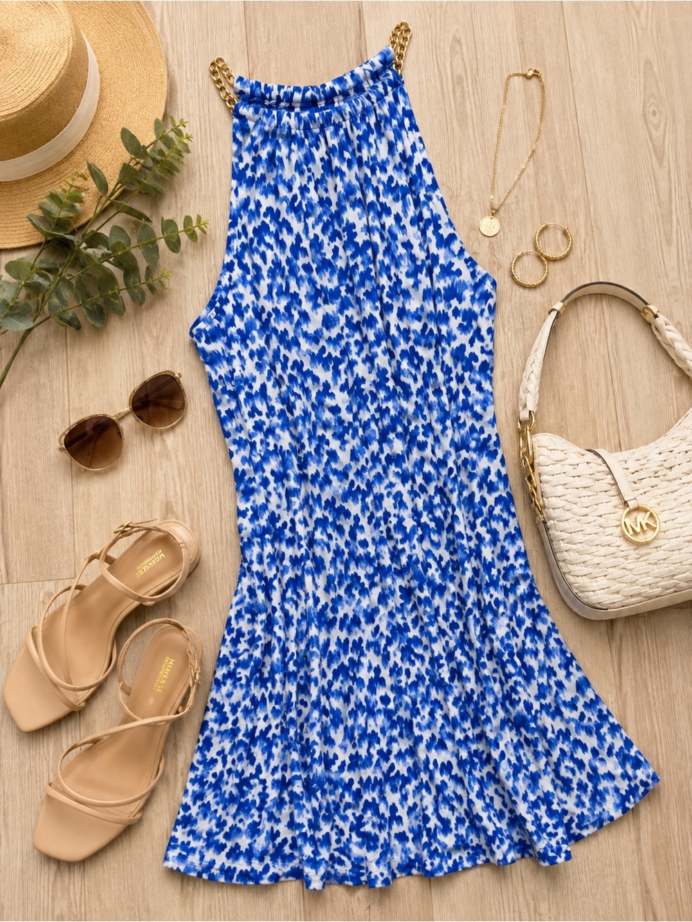 Michael Michael Kors Blue White Chain Strap Halter Dress XL